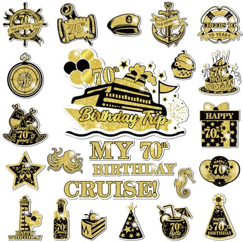 70th Birthday Cruise Door Magnets Decorations, Gold Black Happy 70th Birthday Cruise Ship Door Decor Magnetic for 70th Men Women Anniversary Party Supplies Favors Door Refrigerator Fridge Car Kitchen