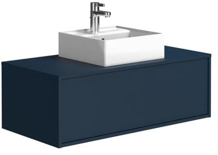 Vente-unique-Mueble de baño Flotante Color Azul Noche con Lavabo - 94 cm - TEANA II