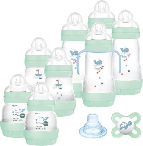 MAM Biberon Set Neonato con 8 biberon anticolica Easy Start, 1 Ciuccio Original Start, 1 Beccuccio extra morbido e 1 Manico, Accessori neonati per ridurre bolle d'aria e il rischio di coliche, Verde