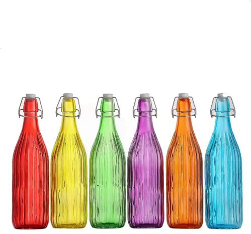 simpa Vintage Style Mix Colour Glass Bottles with Swing Top Lids. Embossed Vertical Stripes 1L Bottles - Set of 6