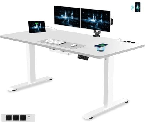 Devoko 140 x 70 Höhenverstellbarer Schreibtisch, Elektrisch Schreibtisch mit Euro-Steckdose und USB Induktions-Ladegerät, Elektrisch Computertisch mit Kabel Management Tray und Funktions-Memory, Weiß