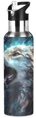 Wzzzsun Aquarelle Artistique Loup Animal Isotherme Bouteille d'eau avec Paille, Gourde Sport en Acier Inoxydable 600ML Gourdes sans BPA pour Enfant Garçon Fille École Bureau