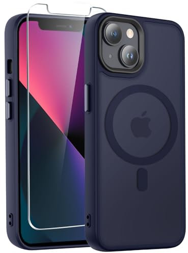 DEERLAMN Strong Magnetic for iPhone 14 Case,Translucent Matte Slim Case with Screen Protector [Compatible with Magsafe][Military-Grade Protection] Shockproof Phone Cover Women Men-Dark Purple