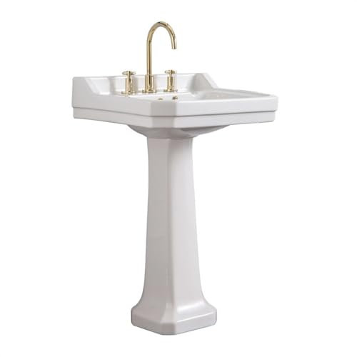 Badezimmer-Waschbecken Badezimmer-Sockelwaschbecken mit Überlauf, Keramik-Sockelwaschbecken, glänzendes weißes Säulenwaschbecken, klassische Badezimmerwaschbecken-Kombination mit goldenem Wasserhahn u