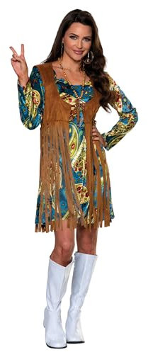 UNDERWRAPS Cute 60s Mini Hippie Dress With Fringe Vest Womens Costume - 60s Long Sleeve Mini Dress with Faux Suede Fringe Vest, Blue Bohemian Costumes For Women (XLarge 14-16)