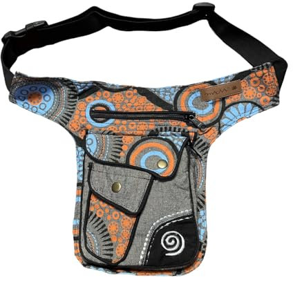 Seitliche Gürteltasche aus Stoff, Hüfttasche, Laufgürtel, Herren, Damen, Bauchtasche, Grau 01, Ethno