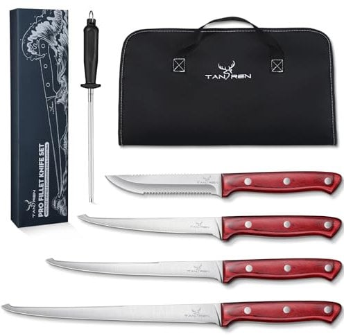 TAN REN Filetiermesser Fisch Set Scharf, Full Tang Fisch Filetiermesser Profi Set, Fischmesser Angeln Sets für Männer