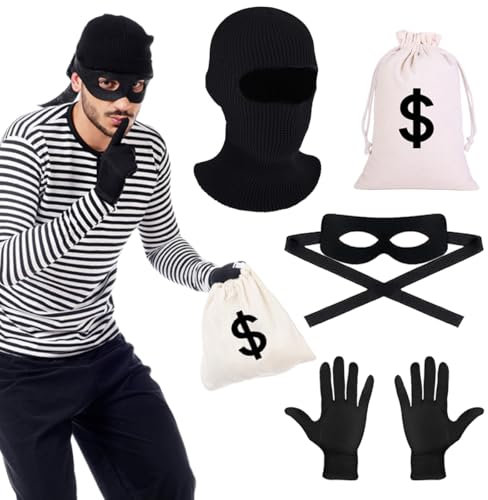 BOYATONG Bankräuber Kostüm, 4 Stück Dieb Kostüm, Panzerknacker Kostüm Accessoire, Bandit Kostüm mit Geldsack Augenmaske Schwarz Dieb Maske Handschuhe für Karneval Fasching Cosplay Gangster Mottoparty