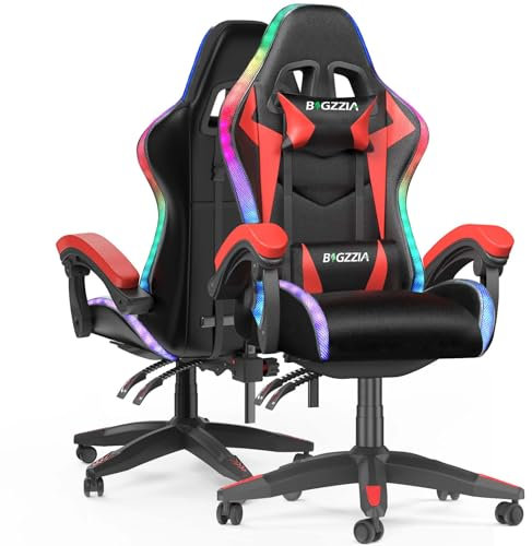 RacingRreat LED Gaming Chair - Video Game Recliner, Adult Ergonomic RGB, Height Adjustable with Headrest and Lumbar Support (Red)