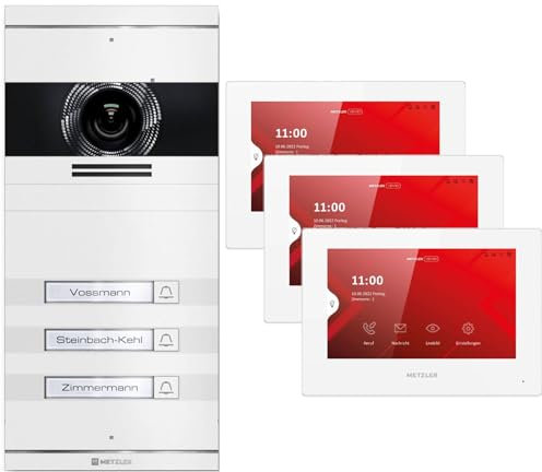 Metzler VDM10 2.0 Video Sprechanlage Komplett Set mit austauschbarem Namensschild - Anschluss 2-Draht - Türsprechanlage mit HD-Kamera und Bildschirm für 3 Familienhaus, in Weiß aus V2A Edelstahl