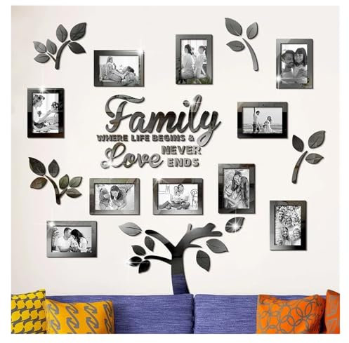 JMORCO Stick On Mirrors For Walls Family Tree Wall Stickers Picture Frame Collage 3D DIY Christmas Decorations For Living Room Bedroom Xmas Home Art Decor(Black)