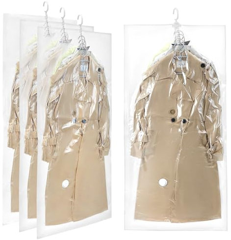 QWORK® Juego de 4 Bolsas Vacío Colgantes para Guardar Ropa, 135 x 70 cm, con Ganchos Giratorios
