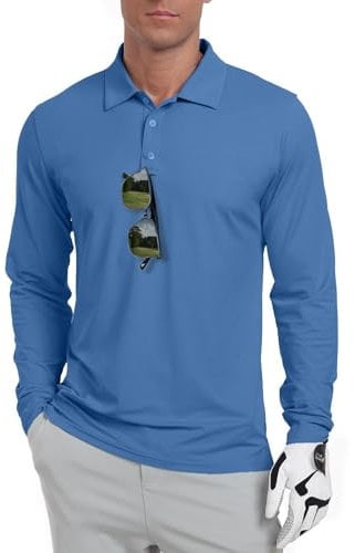 QIXING Men's Golf Polo Shirts Long Sleeve UPF 50+ Lightweight,Quick Dry Performance Collar Summer Tops for Golf, Fishing, Tennis(Dark Blue, M)