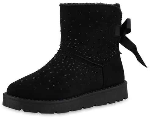 VAN HILL Damen Stiefeletten Winter Boots Warm Gefüttert Strass Schleifen