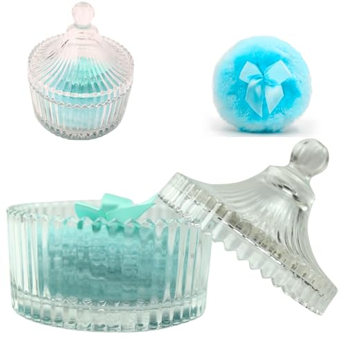 2 Pcs Large Body Powder Puff and Container Powder Container with Puff Powder Puff Crystal Container Soft Washable Reusable Velour Face Body Glitter Powder Puff Wet Dry Makeup (Sky Blue)