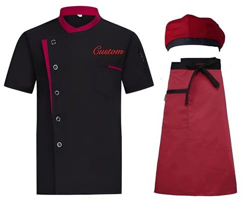 Dobraya Personalisierte Kochjacke Set Mit Namensstickerei - Kurzarm Küchenuniform & Schürze/Mütze für Restaurants/Bäckereien (Herren/Damen)