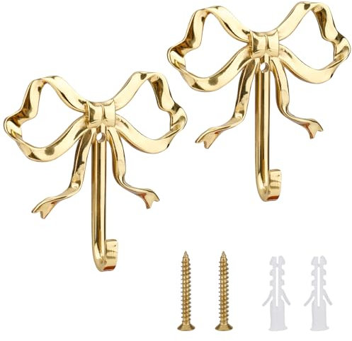 lasuroa 2pcs Bow Knot Wall Hooks, 3.9x3.8in Gold Bow Knot Coat Hooks Cute Butterfly Door Hangers Decorative Bows Wall Hook for Coats Hats Bags Towels Coffee Mugs