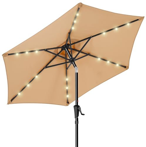 HOMSHADE Parasol extérieur de terrasse 2,3 m - Parasol solaire à LED pour marché extérieur, Protection UV UPF50+ avec Bouton-Poussoir Inclinable, pour terrasse de piscine et jardin