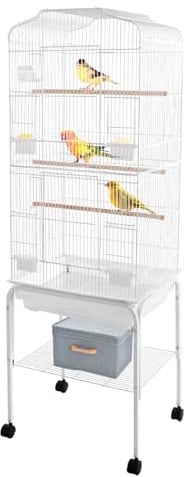Vogelkäfig groß mit 4 Rädern, 47 * 37 * 137.5 cm, Vogelvoliere mit Sitzstangen, Ausziehbare Schale und Gitterboden, Papageienkäfig mit 4 Fressnäpfe und Tränke (Weiß)