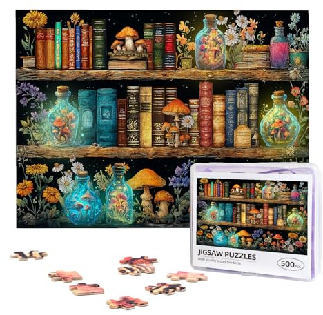 Wildflowers Book Jigsaw Puzzles for Adults 500 Pieces Wildflower Pages Bookshelf Puzzles Vintage Books Wooden Puzzle for Book Lovers Fun Family Game Challenging Books Puzzle Home Decoration Gifts
