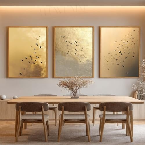 HTWLMM Abstrakte Gold Fliegende Vögel Bilder Goldfolie Leinwand Malerei Kunstdruck Gemälde für Schlafzimmer Wohnkultur Wohnzimmer Wanddekoration-Ohne Rahmen (3X40X60CM,A)
