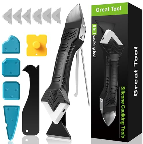 5 in 1 Silicone Caulking Tool Kit Sealant Remover Grout Smoothing Scraper | 6 Reusable Silicone Pads, Adhesive Residue Scraper, Sealant Finishing Tool for Kitchen, Bathroom, Sink & Tile Joints (White）