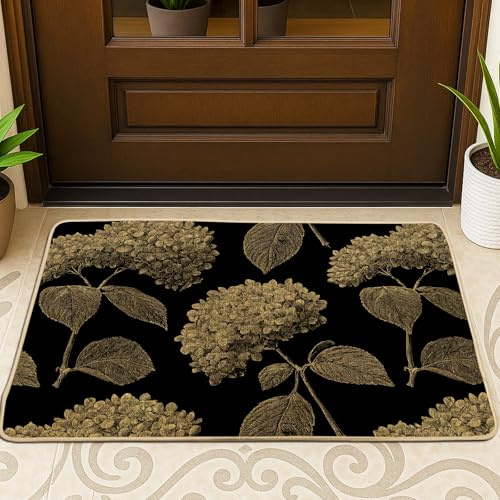 Hortensien-Fußmatte, elegante Vintage-Blätter, Blumenmuster, Schwarz, rutschfest, Schmutzfangmatte, Teppich, Outdoor-Dekoration für Haustür, Eingang, Terrasse, 73,2 x 43,2 cm
