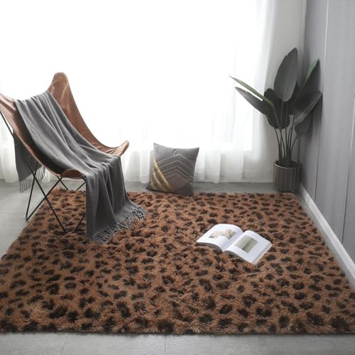 Aexpath Teppiche Wohnzimmer, brauner Leopardenmuster, 140 x 200 cm, dicker, luxuriöser weicher Hochflor-Teppich, Batik-Teppich, für Wohnzimmer, Schlafzimmer, Flur, handwaschbar, lichtbeständig