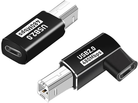 Leloco USB B auf USB C Adapter 2er Set für Drucker & MIDI | Aluminiumgehäuse, 480Mbps Datensynchronisation. Enthält 1x geraden & 1x 90-Grad-Winkelstecker. Ideal für Klavier & Gitarre.