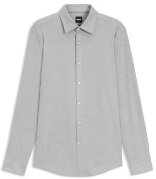BOSS Herren P-HANK-K-261 Slim-Fit Hemd aus meliertem Performance-Stretch-Jersey Hellgrau 43