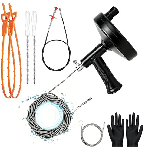 Robust 10m Abflussspirale, Massive Rohrreinigungsspirale für Spüle, Badewanne & Dusche | Flexibler Rohrreiniger Welle Set mit Handschuhen | Manuelles Rohrreinigungswerkzeug für Küche & Bad (8-teilig)