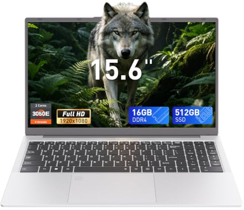 Auusda Laptop 15,6 Zoll Notebook, 16GB DDR4 RAM 512GB SSD, 3050E Prozessor, Fingerabdrucksensor, beleuchtete Tastatur, Ziffernblock, Privacy-Kameraabdeckung, leichtes Notebook für Schule & Büro,Silber