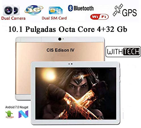WITHTECH Edison IV 3G - Tablet de 10.1 Octa-Core GPS (3G + WiFi + Bluetooth 4.0, 32 GB, 4 GB RAM, Android 7) con Funda de Regalo (Dorado)