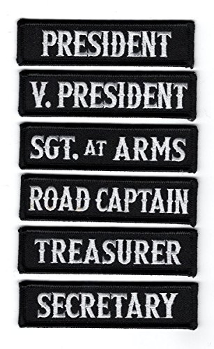 Officer Title Rank Vest Patches President VP MC Biker club Patch Set (6pc-Iron On-WHT-BLK)