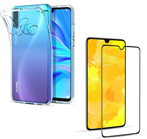 PHONILLICO Coque pour Huawei P30 Lite + Verre Trempé Integral Bord Noir Film Protection Ecran - Housse Etui Gel TPU Silicone Transparent Souple Anti Choc - Vitre Resistant