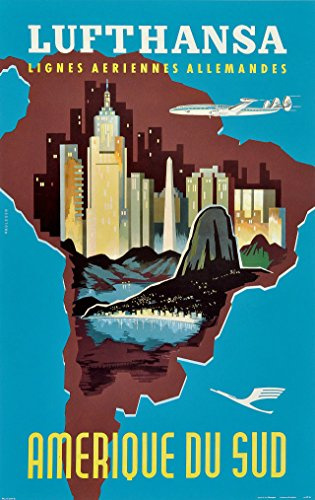 WallBUddy Deutschland Poster deutsches Poster Deutschland Poster Amerique Du Sud Brazil Lufthansa deutsches Reise-Poster 1960er Jahre Vintage Reisen Kunstdruck (50cm x 70cm)