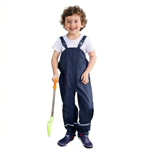 SSAWcasa Kids Rain Pants, Toddler Waterproof Little/Big Boys Girls Pants, Trail and Rain Splash Overalls, Mud Dirty Proof Suspender Trousers (Navy Blue, M)