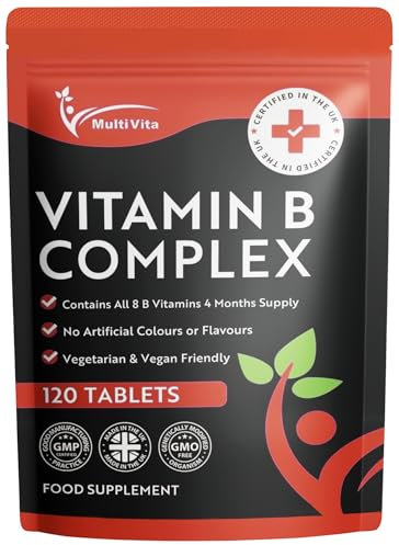 Vitamin B Complex 120 Vegan Tablets – Full Spectrum of B1, B2, B3, B5, B6, B12, Biotin & Folic Acid – Energy, Tiredness & Fatigue Support – UK Made Supplement GMP Certified