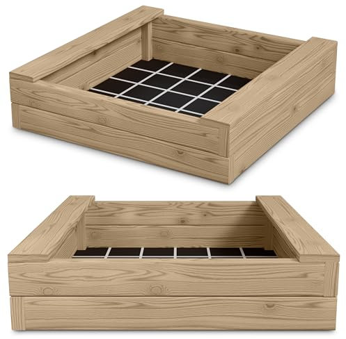 Gartenwelt Riegelsberger Massiver Sandkasten Bulle 150 x 150 cm aus Lärchenholz Bohlen 45 mm Sandkiste Sandbox Spielkasten inkl. Sitzbretter und Bodenplane