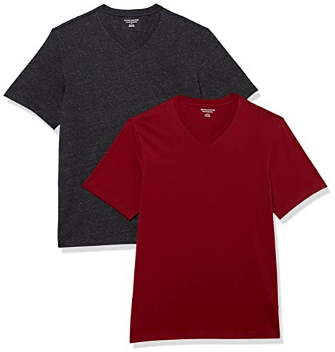 Amazon Essentials T-Shirts Col en v à Manches Courtes Homme, Lot de 2, Charbon Chiné/Bordeaux, S