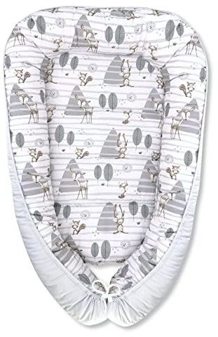 Baby Delux Babynest Kuschelnest Babykokon für Neugeborene zweiseitig 100% Baumwolle antiallergisch (Waldfreunde grau)