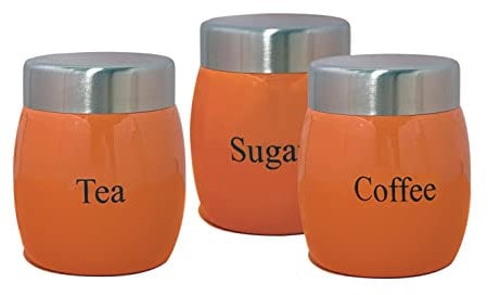 Set of 3 Stainless Steel Tea Coffee Sugar Canisters,Storage Barrel Style, Rust Resistant,Powder Coated Ideal for Kitchen Storage Coffee Granules, Tea Leaves & Bags & Sugar Cubes (ORANGE)