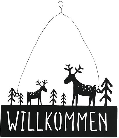 RiloStore 38x24cm Schild Metall Willkommen schwarz b083 Herbstdeko Hirsche Weihnachtsdeko Türschild Türkranz Metallhirsche Geschenk Türhänger Eingang Deko