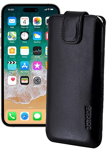 Suncase ECHT Ledertasche Leder Etui *Slim-Edition* kompatibel mit iPhone 14 (6.1) Hülle (mit Rückzugsfunktion und Magnetverschluss) in schwarz