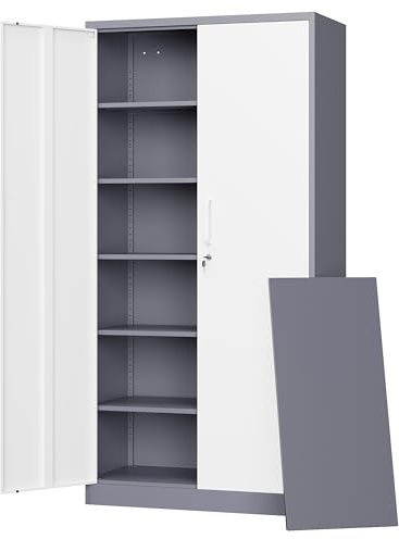 Letaya Metal Storage Cabinet with Lock Door, Adjustable Shelf Steel Cabinets for Office, Home,Pantry,Kitchen,Garage Utility Cabinet (2 Door-White&Gray)