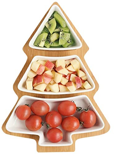 Loticy Ensemble d'assiettes en céramique pour frites et trempettes, 28 cm, plateau en bambou, amovible, en porcelaine pour apéritif, dessert, salade, salade, salade, saladier, couverts