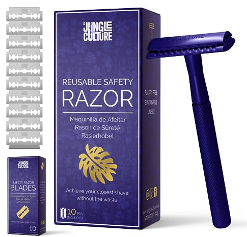 Jungle Culture® Rasierhobel Damen und Herren inkl. 10 Klingen • Nassrasierer für Frauen in Saphir • Einzelklingen Metall Rasierer für Körper & Gesicht mit eBook Rasierführer • Safety Razor.