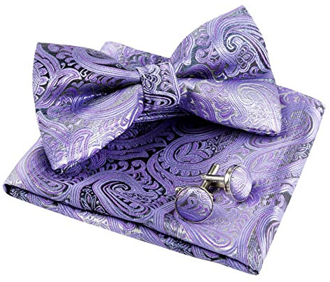 Alizeal Mens Paisley Classic Pre-tied Bow Tie Pocket Square and Cufflinks set, Lilac