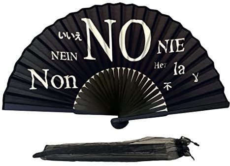 FANSOF.FANS Black Silk Fabric Folding Hand Held Fan with a Pouch Bamboo Ribs Chinese Vintage Handheld Girls Women Wedding Party Favour Gift (Say No)