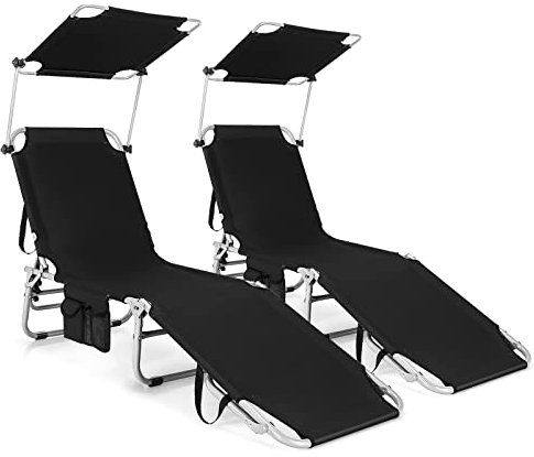 COSTWAY Tumbona Plegable con Parasol, 5 Posiciones de Respaldo Ajustables, Tumbonas Jardin Exterior con Bolsillo de Almacenamiento Lateral, Tumbona Reclinable Piscina, Playa, Patio, 150kg (Negro 2)